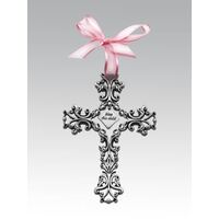 Baby Filigree Cross - Bless this Child Pink