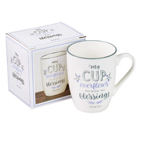 Ceramic Mug: My Cup Overflows With Blessings, White/Grey-Blue  (340 Ml)