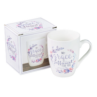 Ceramic Mug: My Grace is Sufficient For You, Pink/Purple Floral Wreath (340 Ml)