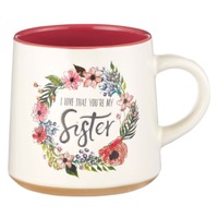 Ceramic Mug: Sisters, Floral Wreath, Dark Pink Inside (414ml)