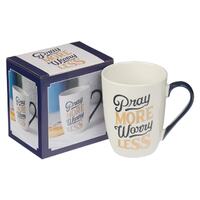 Ceramic Mug: Pray More Worry Less, Navy/Gold Accents  (355 Ml)