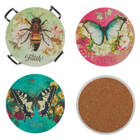 Ceramic Coaster Set of 4: Butterflies & Bee- Faith, Hope, Love, Grace