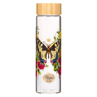 Water Bottle Glass, 650 ML: Hope Teal Butterfly with Bamboo Lid