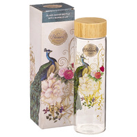 Water Bottle Glass, 650 ML: Blessed Blue Peacock with Bamboo Lid