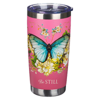 Stainless Steel Travel Mug, 532 ML: Be Still Pink Butterfly (Psalm 46:10)