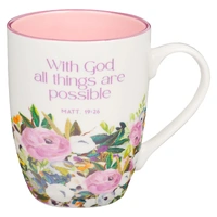 Ceramic Mug: With God Matt. 19:26, Multi Floral Purple