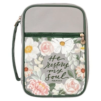 Bible Cover Large - Fashion Green Floral Printed He Restores My Soul Ps. 23:3