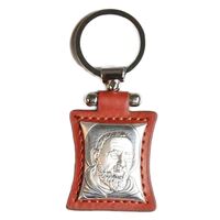 Keyring Sterling Silver & Leather (Brown) - Padre Pio