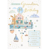 Card - 1st Birthday Grandson Bunnies