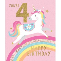 Card - Happy 4th Birthday Unicorns Rainbow
