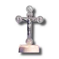 Standing Metal Crucifix On Marble Base with Water Font - 110 x 70mm