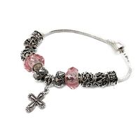 Silver Beaded Bracelet with Cross -Pink