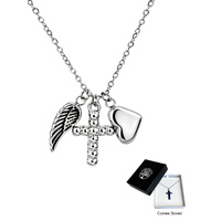 Gift of Faith Necklace with Diamonte Cross, Feather & Heart