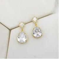 Gold Tear Drop Earrings w/Cubic Zirconias