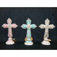 Metal Cross Blue Cake Topper on Stand