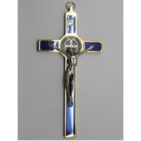 St Benedict Crucifix Blue with Gold Edge - 200 x 100mm