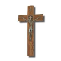St Benedict Crucifix Olive Wood Metal Corpus - 400 x 200mm