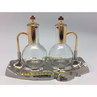 Cruet Set Jugs, Silver Tray and Gold Tops