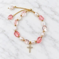 Bracelet Freshwater Pearl w/CZ Cross Charm