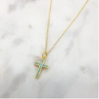 Pendant Gold w/CZ Turqoise Cross 