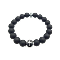 Stainless Steel Cross Bracelet - Black Agate Crystals