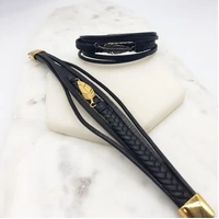 Stainless Steel Gold Leather Feather Bracelet