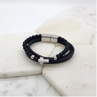 Stainless Steel Leather Cross/Crystal Bracelet