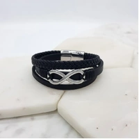 Stainless Steel Leather Infinity Bracelet - Silver