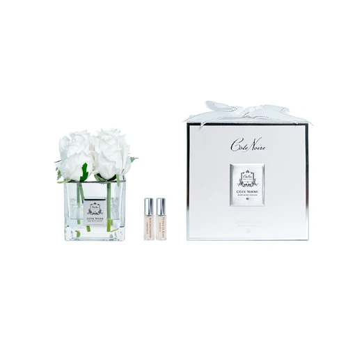 Four Rose Bud White Perfumed Flower Square Vase
