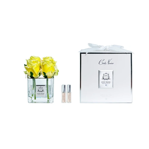 Four Rose Bud Yellow Perfumed Flower Square Vase