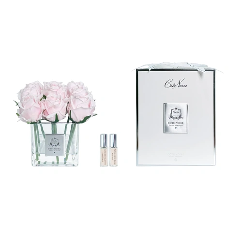 Nine Rose Bud French Pink Blush Perfumed Flower Square Vase