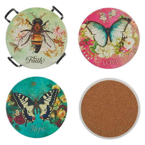 Ceramic Coaster Set of 4: Butterflies & Bee- Faith, Hope, Love, Grace