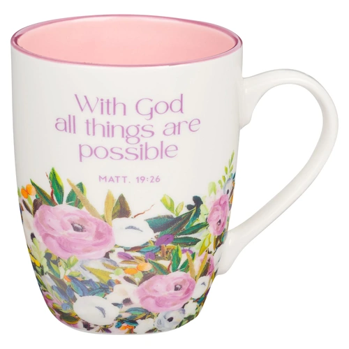 Ceramic Mug: With God Matt. 19:26, Multi Floral Purple