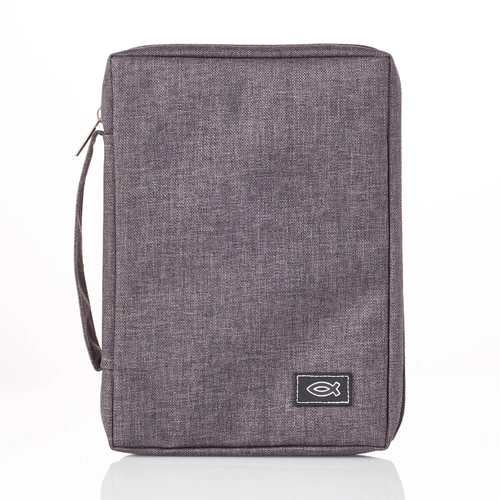 Bible Cover Grey Polyester Canvas Small : Fish Symbol