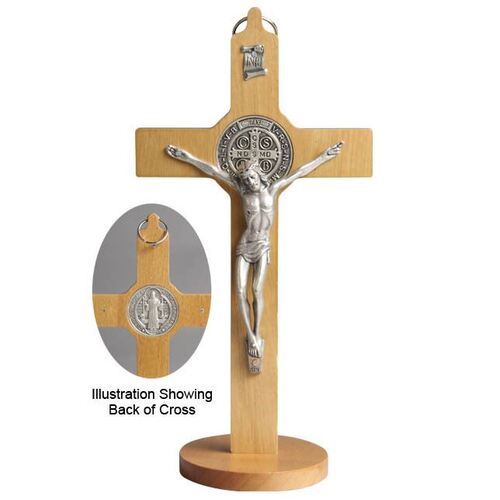 St Benedict Crucifix Standing Light Wood - 200 x 100mm