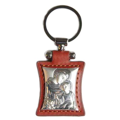 Keyring Sterling Silver & Leather (Brown) - St Anthony