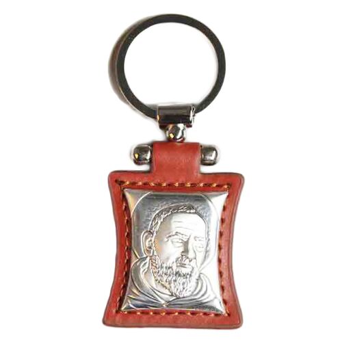 Keyring Sterling Silver & Leather (Brown) - Padre Pio