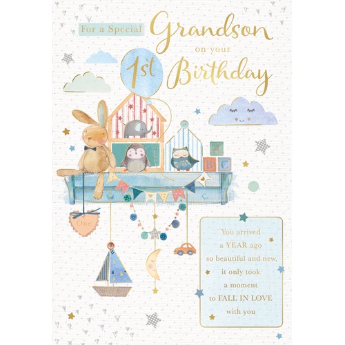 Card - 1st Birthday Grandson Bunnies