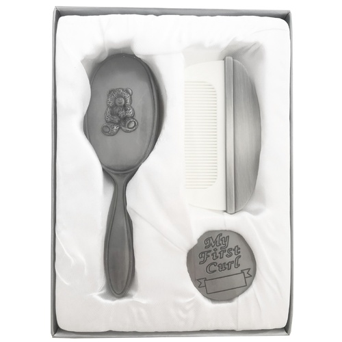 Pewter Plated Brush, Comb & Curl Set