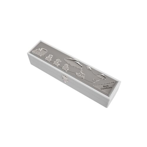 Birth Certificate Holder White with Silver Plate