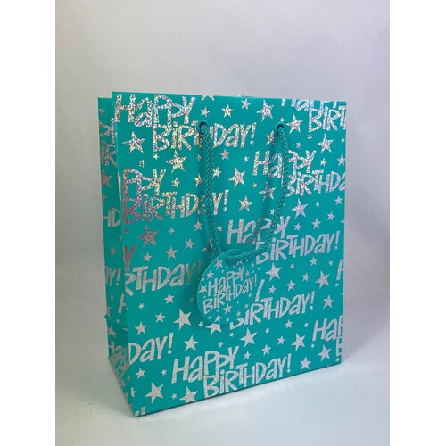 Gift Bag Medium - Aqua Foil Happy Birthday