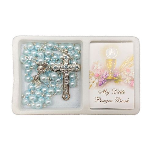 Communion Set Book And Pearl Rosary Blue