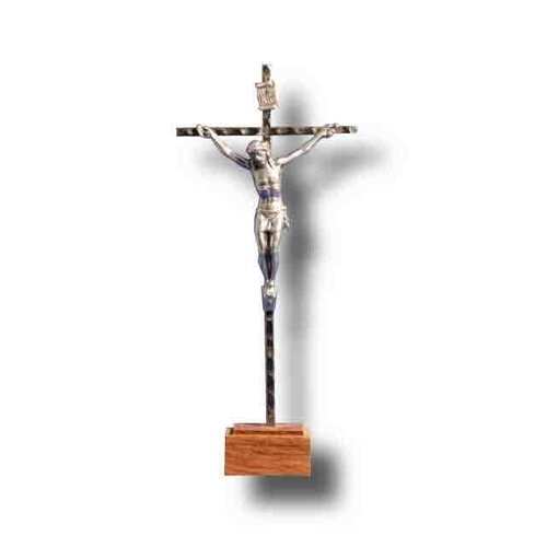 Standing Metal Crucifix on Wood Base - 160 x 70mm