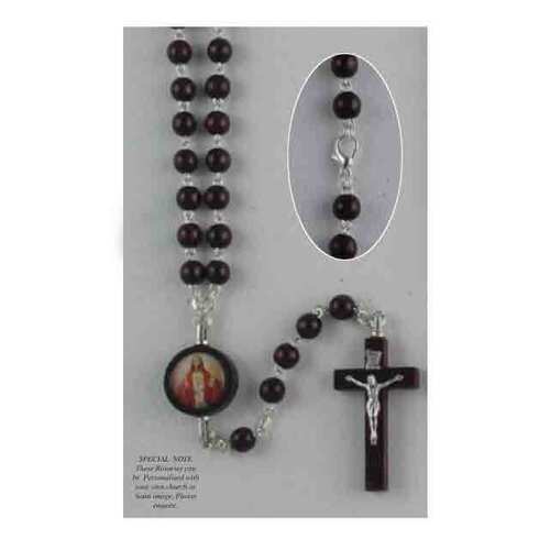 Rosary Necklace Dark Wood Sacred Heart Jesus - 6mm Beads