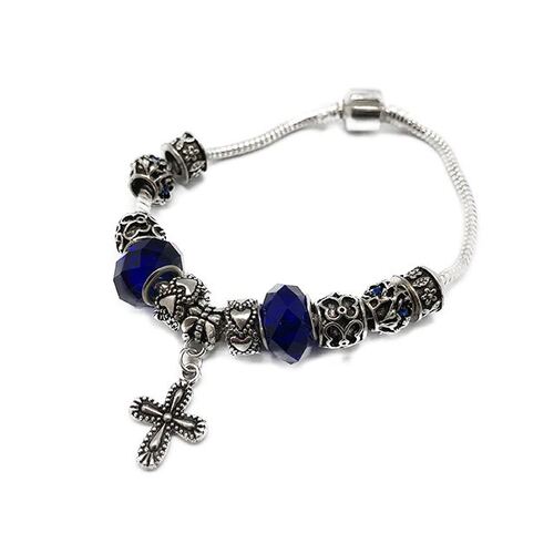 Silver Beaded Bracelet with Cross - Blue
