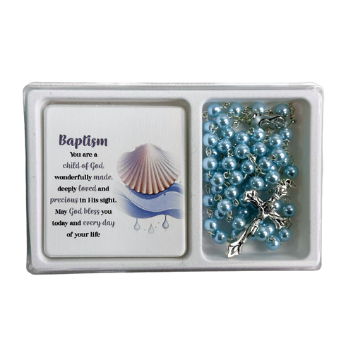Baptism Rosary and Plaque Set Blue