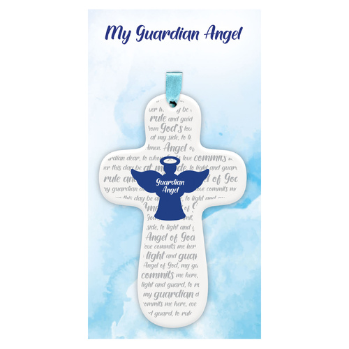 Angel of God Cross w/Blue Ribbon