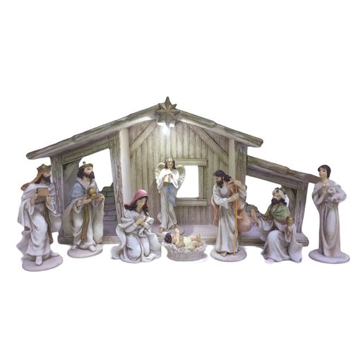 Nativity Set with LED Stable - 9pc - 80mm Stable 275 x 140mm
