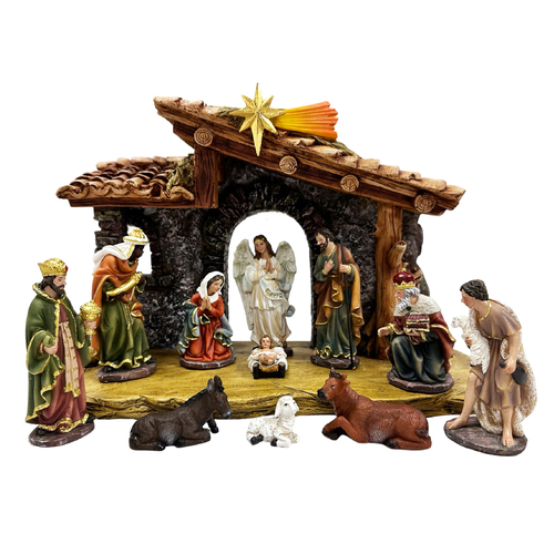 Nativity Stable Set Resin - 11pcs 140mm - Stable: 270 x 395mm