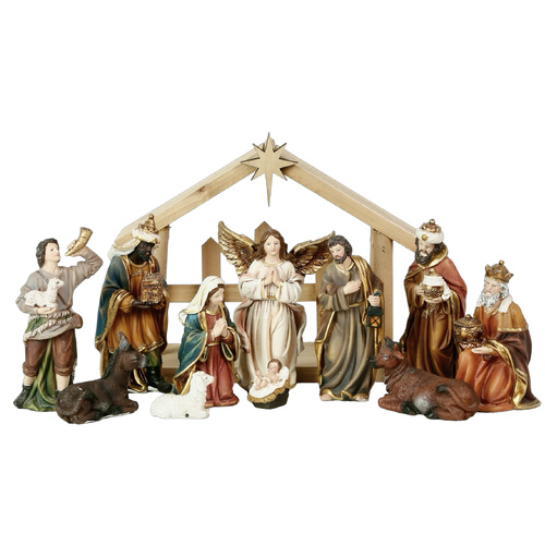 Nativity Stable Set Resin/Wood - 11pcs 125mm Stable